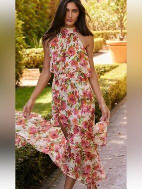 Revolve brand /Floral asymmetrical Maxi Dress in Cream, pink & coral floral